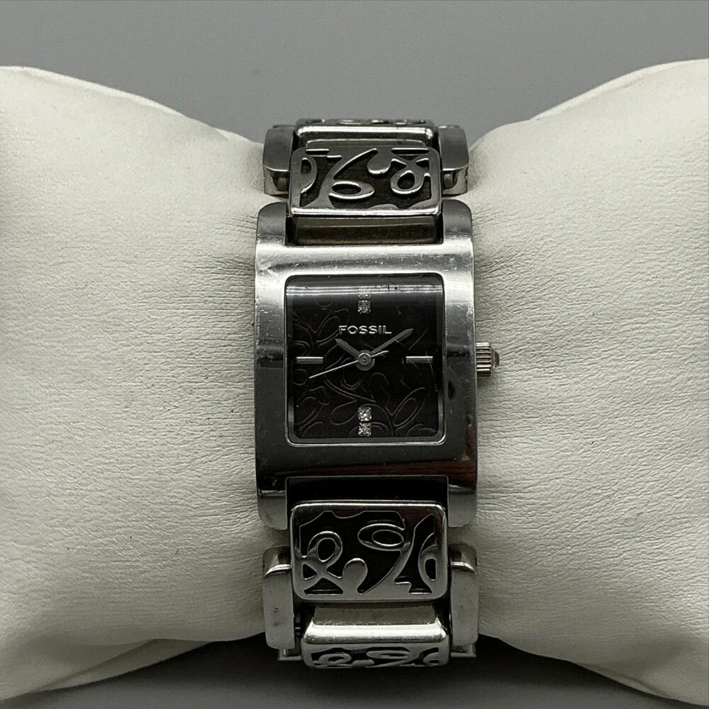 Fossil Womens Watch 21mm Black Dial Stainless Bracelet Wood New Battery 6.25